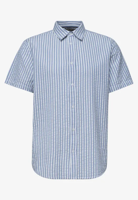 Hellblau-weiß gestreiftes kurzärmeliges Hemd mit Knopfleiste.