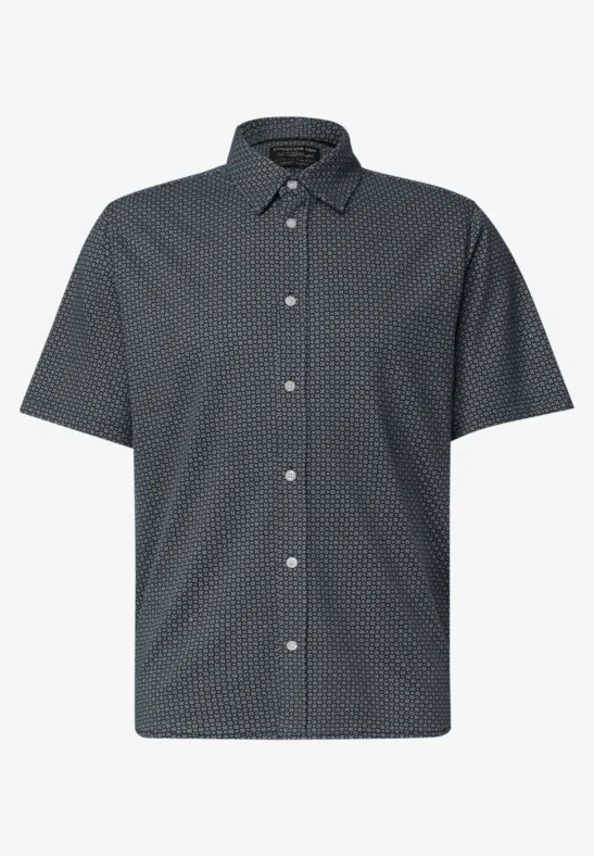 donkerblauw kort mouwen overhemd met fijn wit stippenpatroon en knoopsluiting