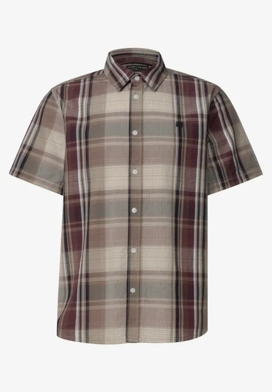 Korte-mouwen overhemd met bruin-crème ruitpatroon, knoopsluiting voor, casual stijl.