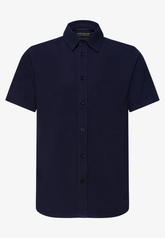 Dunkelblaues, kurzärmliges Hemd mit Knopfleiste und klassischem Kragen.