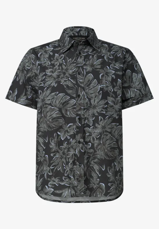 Schwarz-graues Hemd mit kurzem Arm und dezentem Blumenprint.