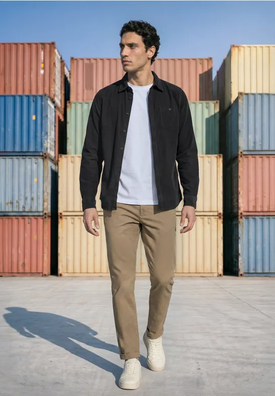 Ein Mann in weißem Shirt und dunkler Jacke geht vor bunten Containern über einen Industrieplatz.