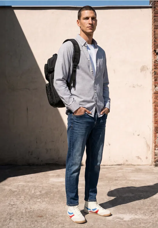 Een man staat voor een lichte muur, draagt jeans, overhemd, rugzak en sneakers.