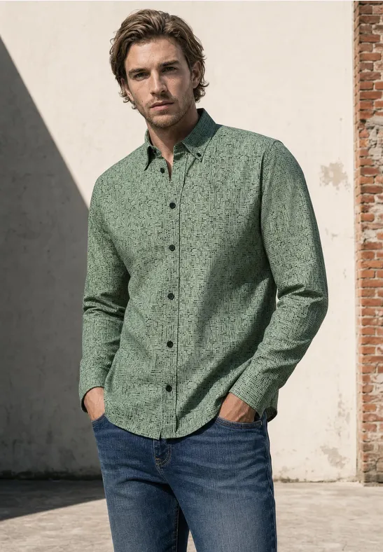 Ein Mann in einem grünen, gemusterten Hemd und blauen Jeans steht draußen mit Händen in den Taschen.