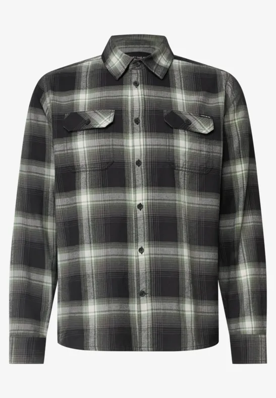 Schwarzes kariertes Hemd im Flanell-Look mit Knopfleiste und Brusttaschen