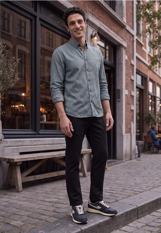 Un homme en chemise et pantalon se tient sur un trottoir pavé devant un café.