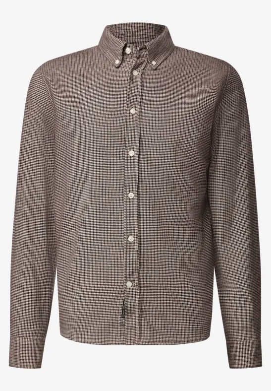 Chemise marron-gris à carreaux fins, col boutonné et manches longues.