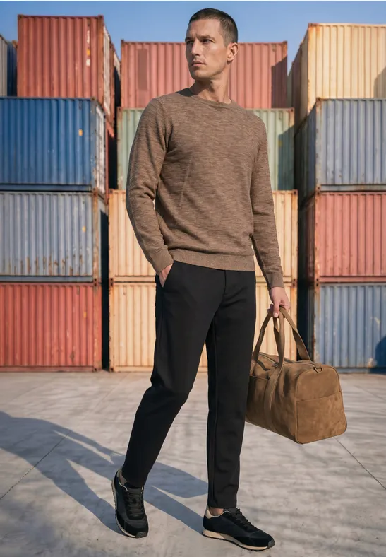 Ein Mann mit braunem Pullover, schwarzer Hose und Tasche posiert vor bunten Frachtcontainern.