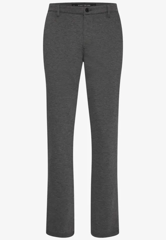 Eine schlichte graue Hose mit geradem Schnitt und Bund mit Knopfverschluss.