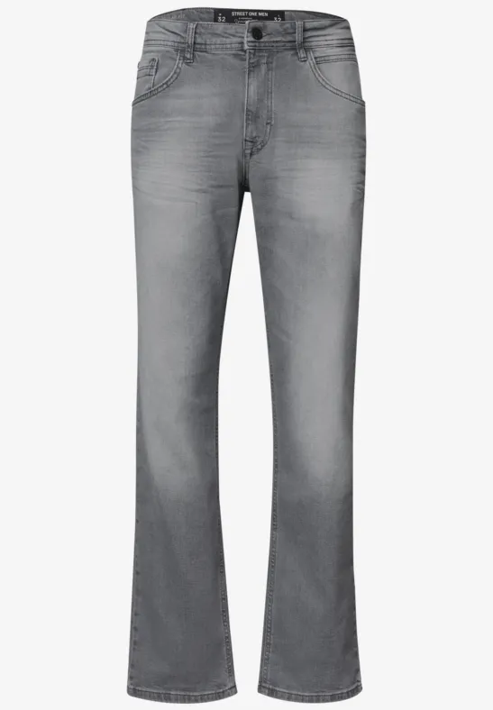 Jean gris coupe droite, cinq poches et taille mi-haute pour un style classique.