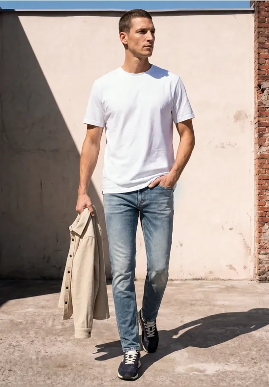 Ein lässig gekleideter Mann in weißem Shirt, Jeans und Sneakers, der im Sonnenlicht eine beige Jacke trägt und spaziert.