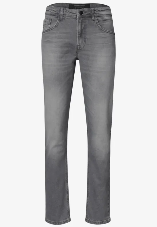 Graue Jeans im geraden Schnitt mit klassischem 5-Pocket-Design und leichtem Used-Look