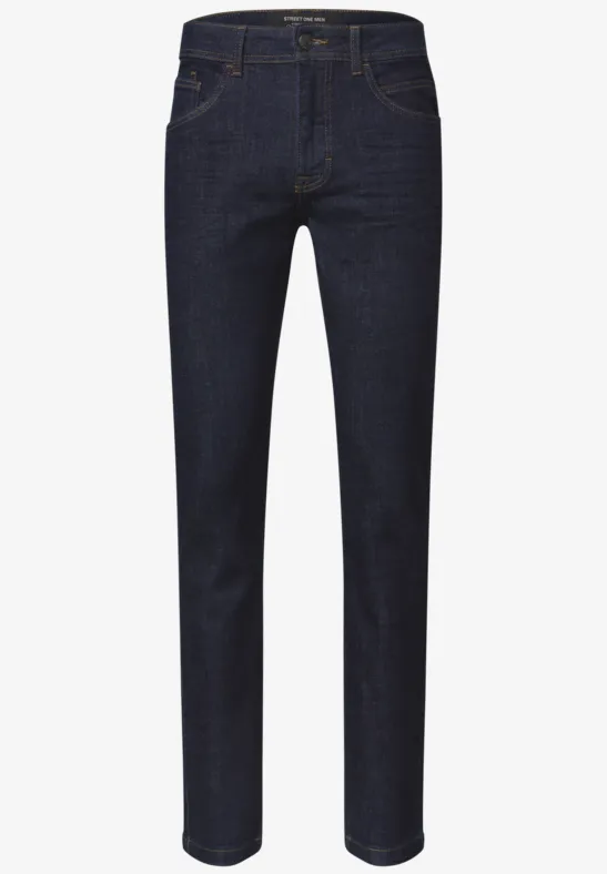 Dunkelblaue, gerade geschnittene Jeanshose mit klassischen fünf Taschen und Kontrastnähten.