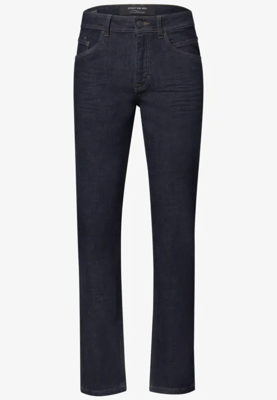 Jean bleu foncé coupe droite, cinq poches, design classique et épuré.