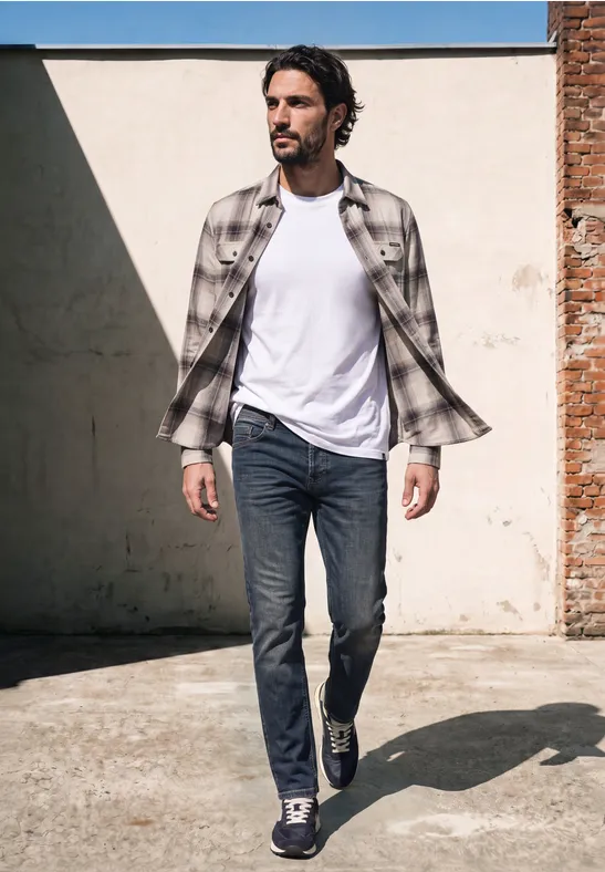 Ein Mann in Jeans, weißem T-Shirt und kariertem Hemd geht im Sonnenlicht an einer Wand entlang.