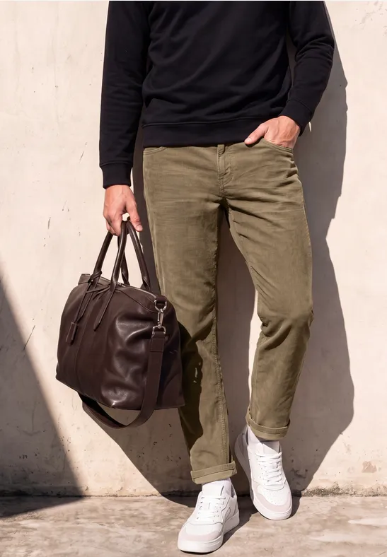Mann in olivgrünen Hosen, weißen Sneakern und schwarzem Pullover hält braune Ledertasche vor heller Wand.