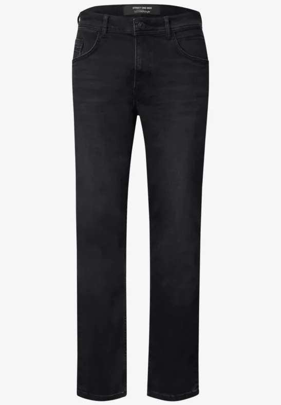 Schwarze, gerade geschnittene Jeans mit klassischer 5-Pocket-Form.