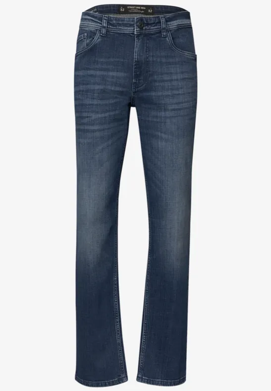 Dunkelblaue Jeans mit geradem Schnitt und dezenter Waschung