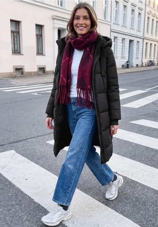 Eine Frau in Wintermantel, Jeans und Schal überquert eine Straße auf einem Zebrastreifen.