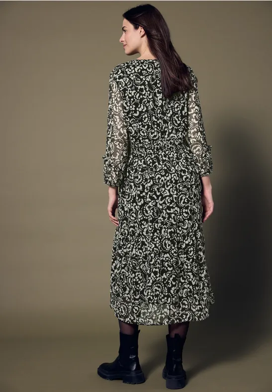 Chiffon Midi-Kleid mit Print Black