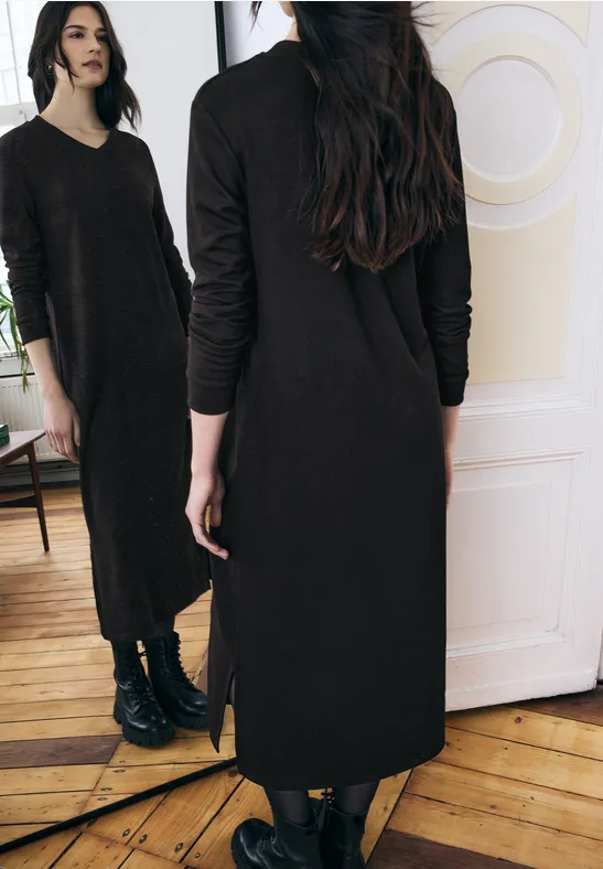 V-Neck Strickkleid Black