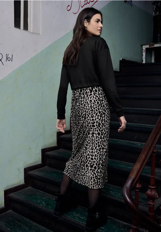 Robe midi avec jupe léopard Black