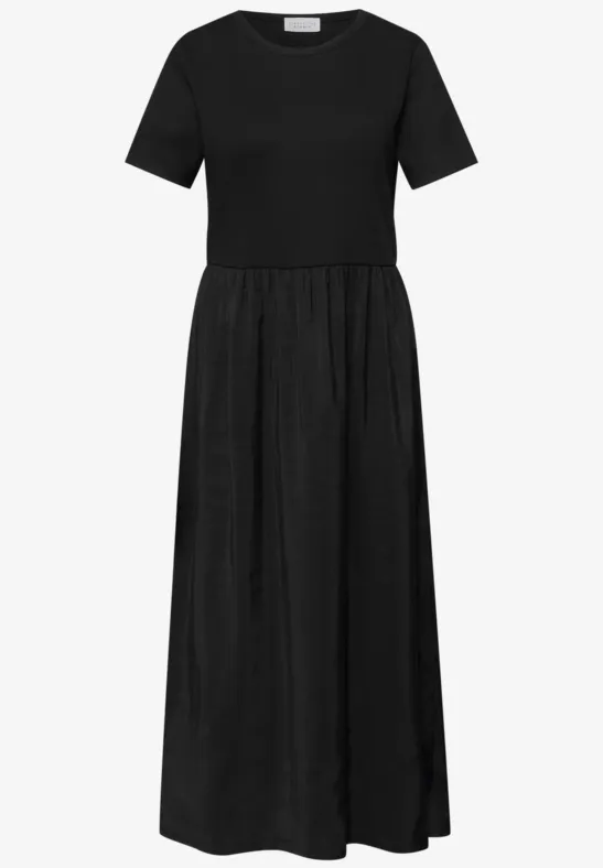 Robe midi à col rond et mélange de structures Black