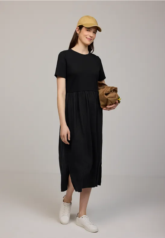 Robe midi à col rond et mélange de structures Black