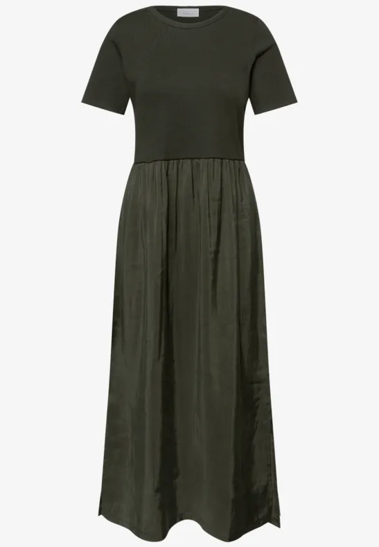 Midi-Kleid mit Rundhals und Strukturmix oil green