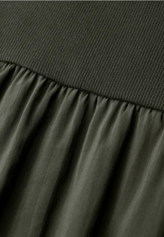 Midi-Kleid mit Rundhals und Strukturmix oil green