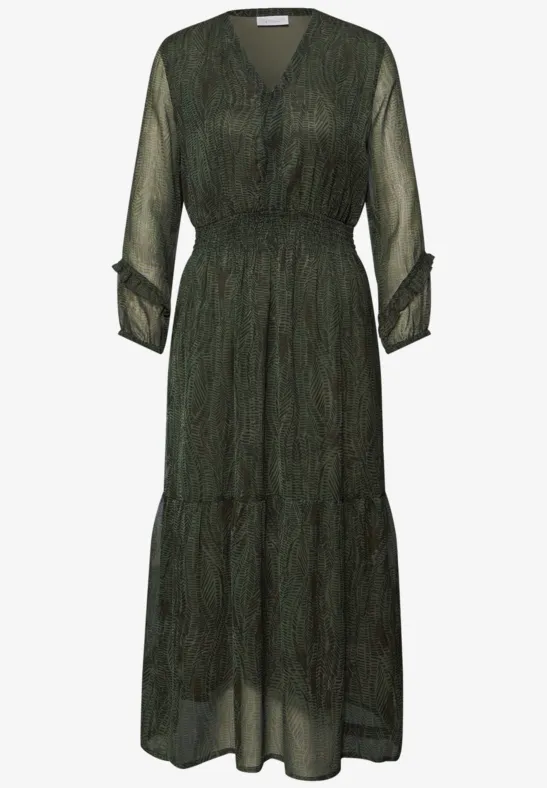 Szyfonowa sukienka midi z nadrukiem oil green