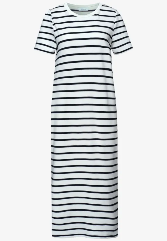 Casual witte maxi-jurk met zwarte horizontale strepen en korte mouwen in T-shirtstijl.