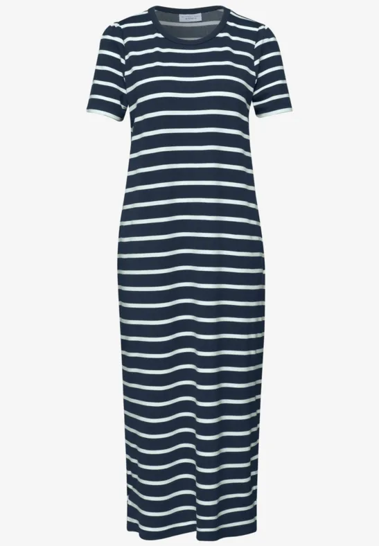 Dunkelblau-weiß gestreiftes T-Shirt-Kleid mit kurzem Arm und Midi-Länge.