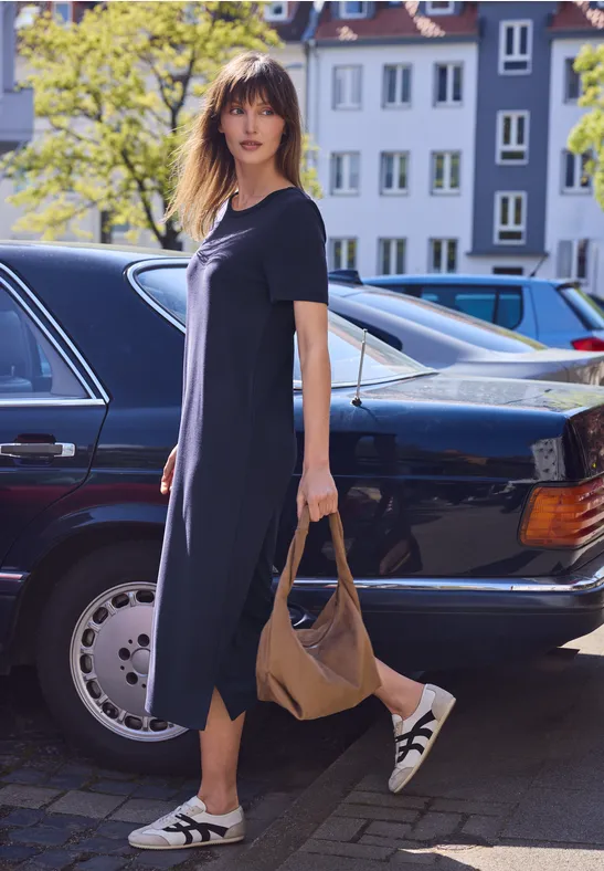 Jersey midi-jurk met pofmouwen midnight muse