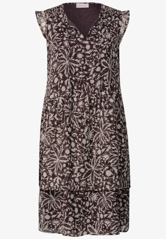 Ärmelloses Midikleid mit floralen Mustern in Beige auf dunklem Grund