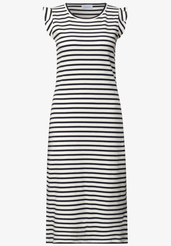Ärmelloses Midi-Kleid in Weiß mit schwarzen Querstreifen.