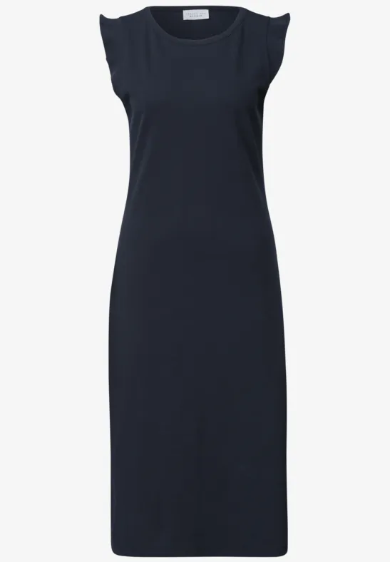 Zwarte mouwloze midi-jurk van jersey, strak en minimalistisch.