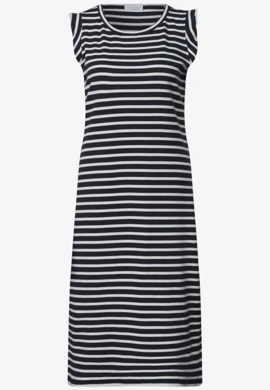 Ärmelloses Midikleid mit schwarzen und weißen Querstreifen und rundem Ausschnitt.
