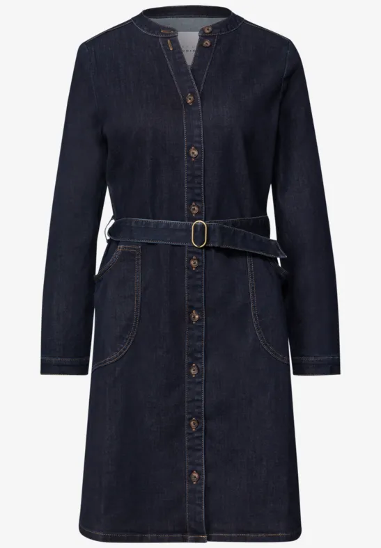 Dunkelblaue Denim-Kleid mit langen Ärmeln, Knopfleiste und Taillengürtel.
