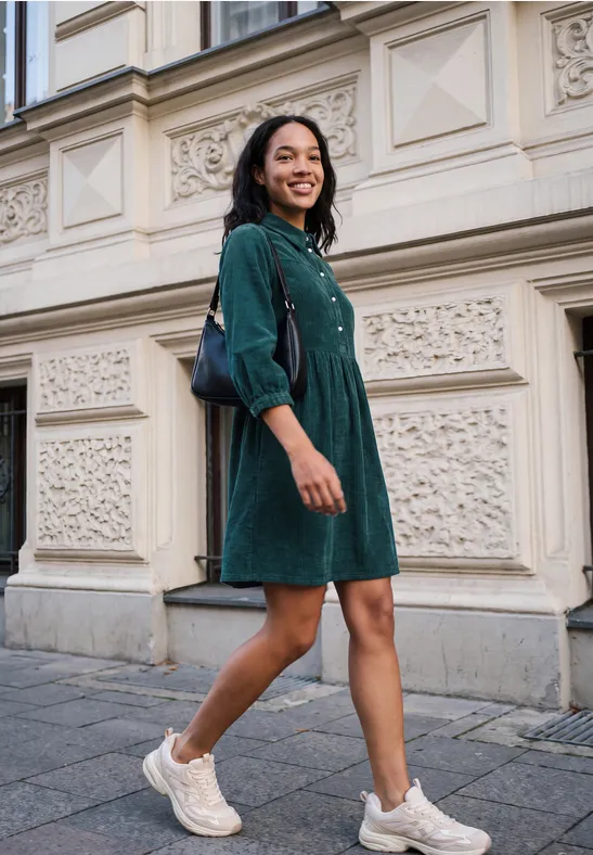Eine Frau in grünem Kleid und weißen Sneakers läuft lächelnd an einer alten Gebäudefront vorbei.
