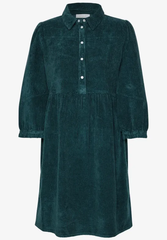 Dunkelgrünes Cordkleid mit Hemdkragen, Knopfleiste, tailliertem Bund und 3/4-Ballonärmeln.