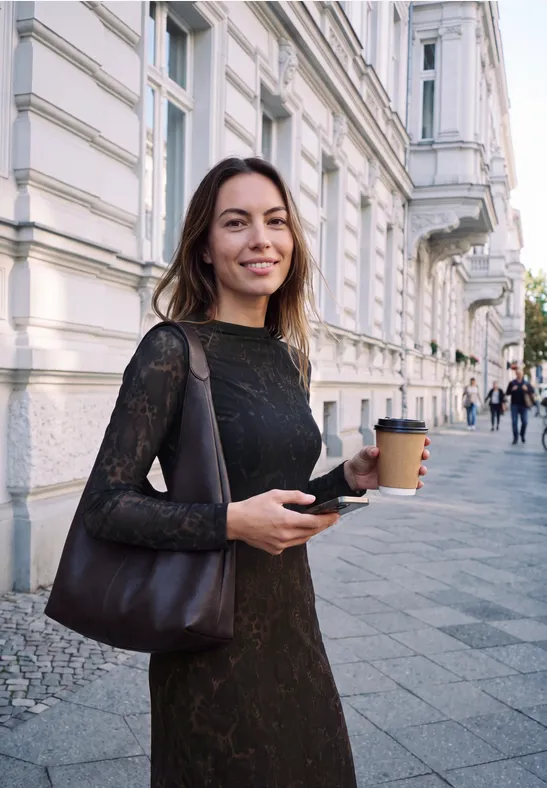 Frau in schwarzem Spitzenkleid mit Ledertasche lächelnd auf Straße, hält Kaffee und Handy