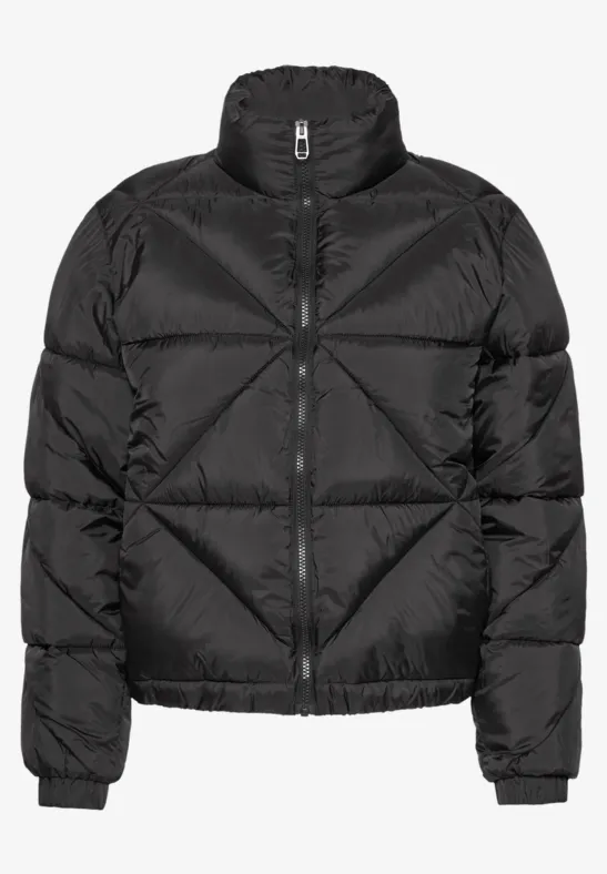 Schwarze, wattierte Steppjacke mit Stehkragen und Reißverschluss