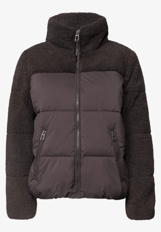 Donkergrijze gewatteerde jas met teddyfleece-voering, ritssluiting en opstaande kraag.