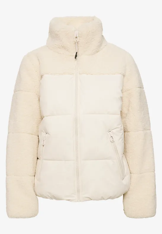Beige-weiße, wattierte Jacke mit flauschigen Teddyärmeln und hohem Stehkragen.