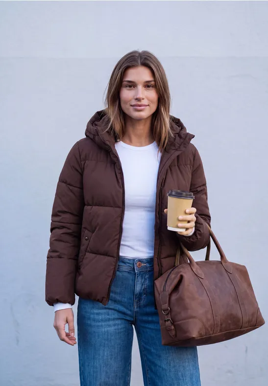 Eine Frau in brauner Steppjacke und Jeans hält einen Kaffee und eine große braune Tasche vor neutralem Hintergrund.