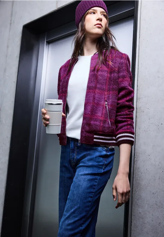 Karierter Federgarn Blouson royal plum