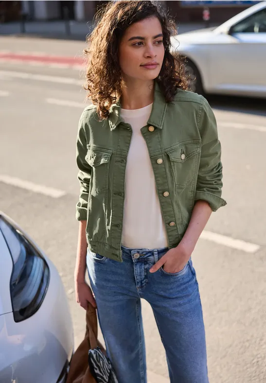 Jeansjacke mit Knöpfen im Cropped Fit Olive Washed