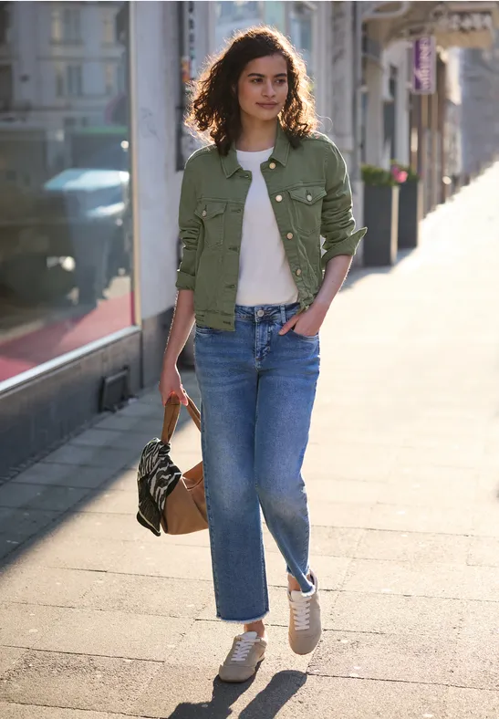 Jeansjacke mit Knöpfen im Cropped Fit Olive Washed