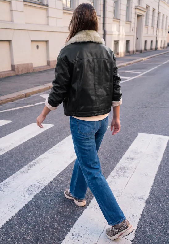 Een persoon in jeans en leren jas met bontkraag steekt een zebrapad over in een stadse straat.